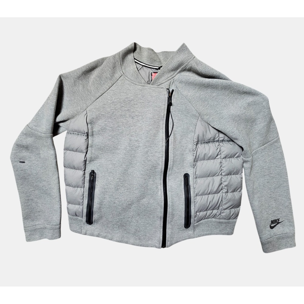 Nike Aeroloft Tech Fleece Goose Down Moto Jacket Womens L Gray Cotton Blend